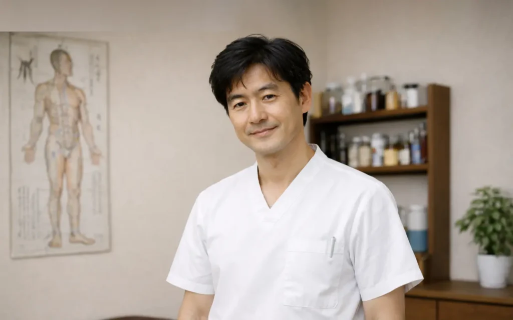 鍼治療院で微笑む鍼灸師